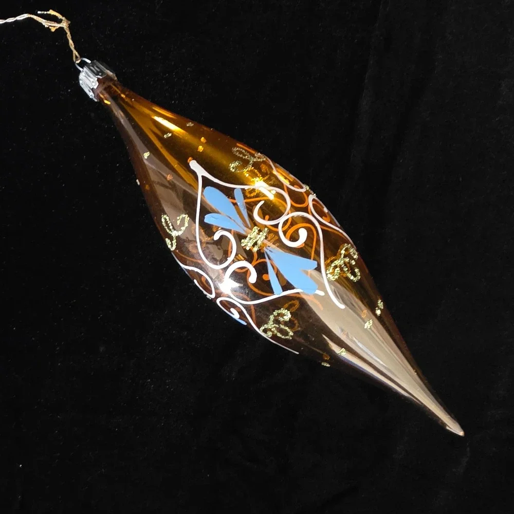 VTG Made in Italy Blown Glass Teardrop Finial Christmas Ornament Hand Painted